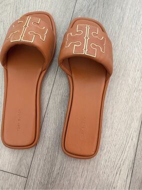 Tory Burch Cognac Leather Logo Slide Sandals